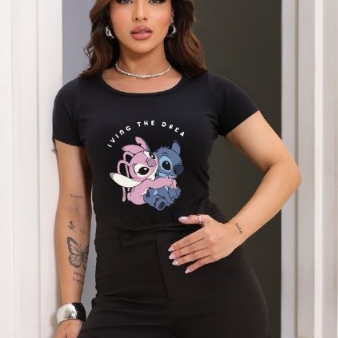 BLUSA FEMININA TSHIRT MANGA CURTA PERSONAGEM STITCH E ANGEL