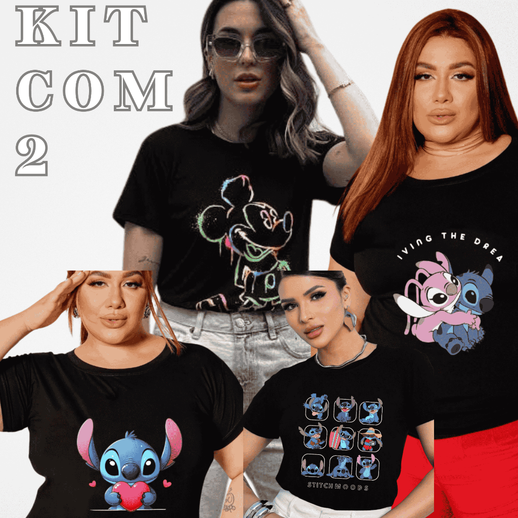KIT COM 2 BLUSAS FEMININA CAMISETA PERSONAGEM MICKEY STITCH E ANGEL