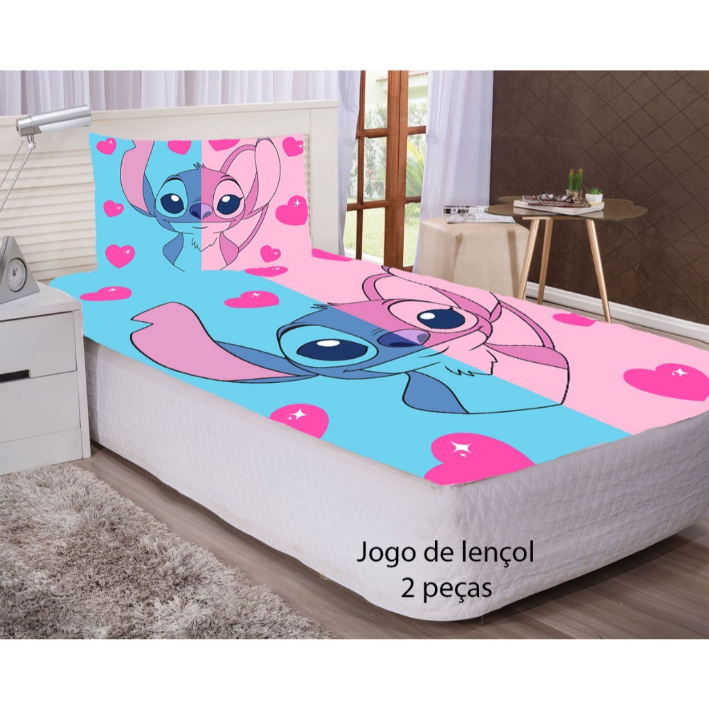 Jogo de Lençol  STITCH, ANGEL Solteiro 2 Peças Infantil Kids Estampas Coloridas personagem