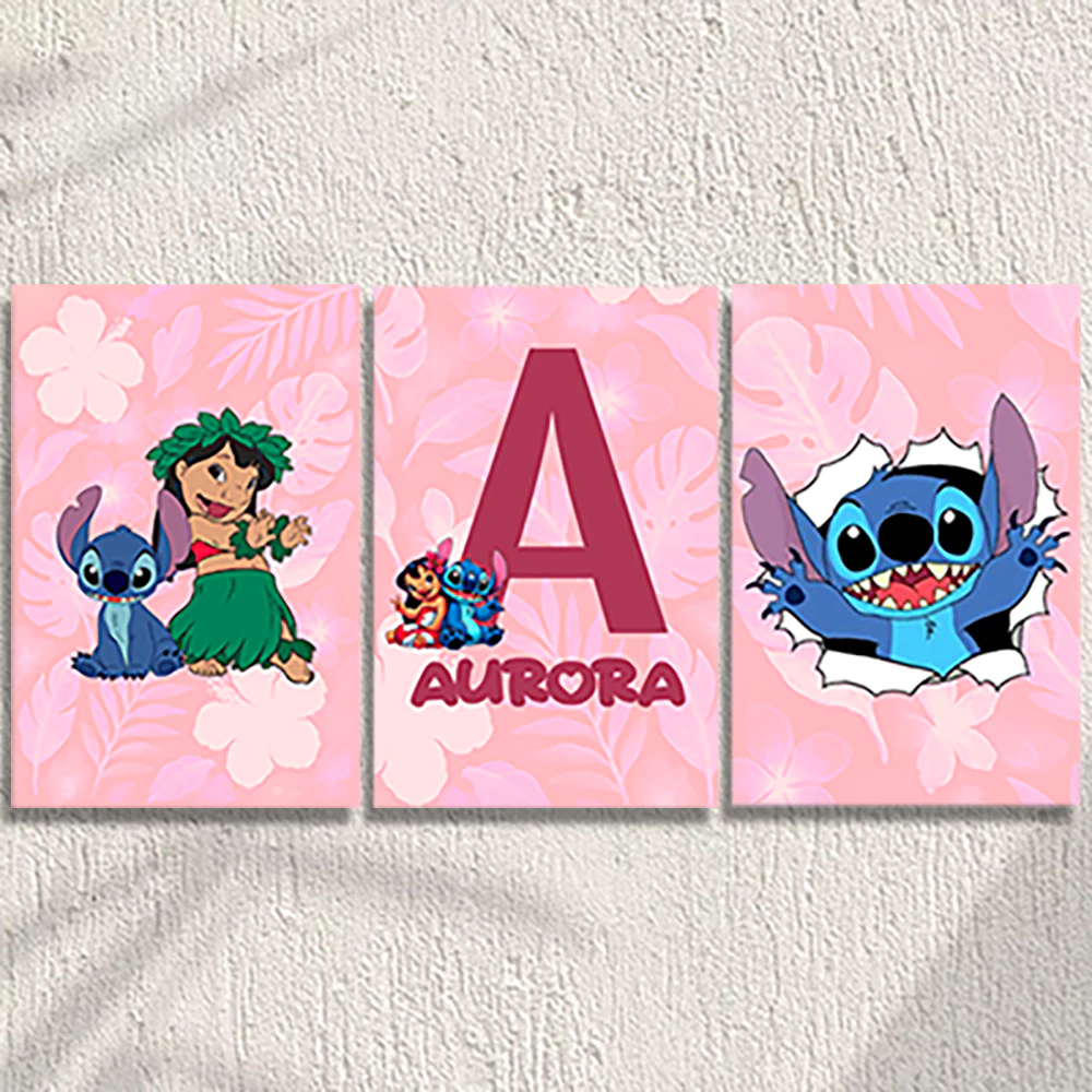 Quadro Decorativo Lilo Stitch Angel Personagens Nome Personalizado Azul Animação Fofinho