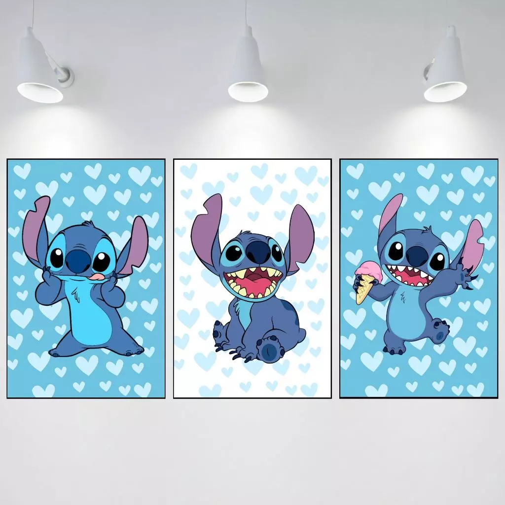 Quadro Decorativo Stitch Angel Lilo Personagens Animados Azul Fofinhos Desenho Criativo
