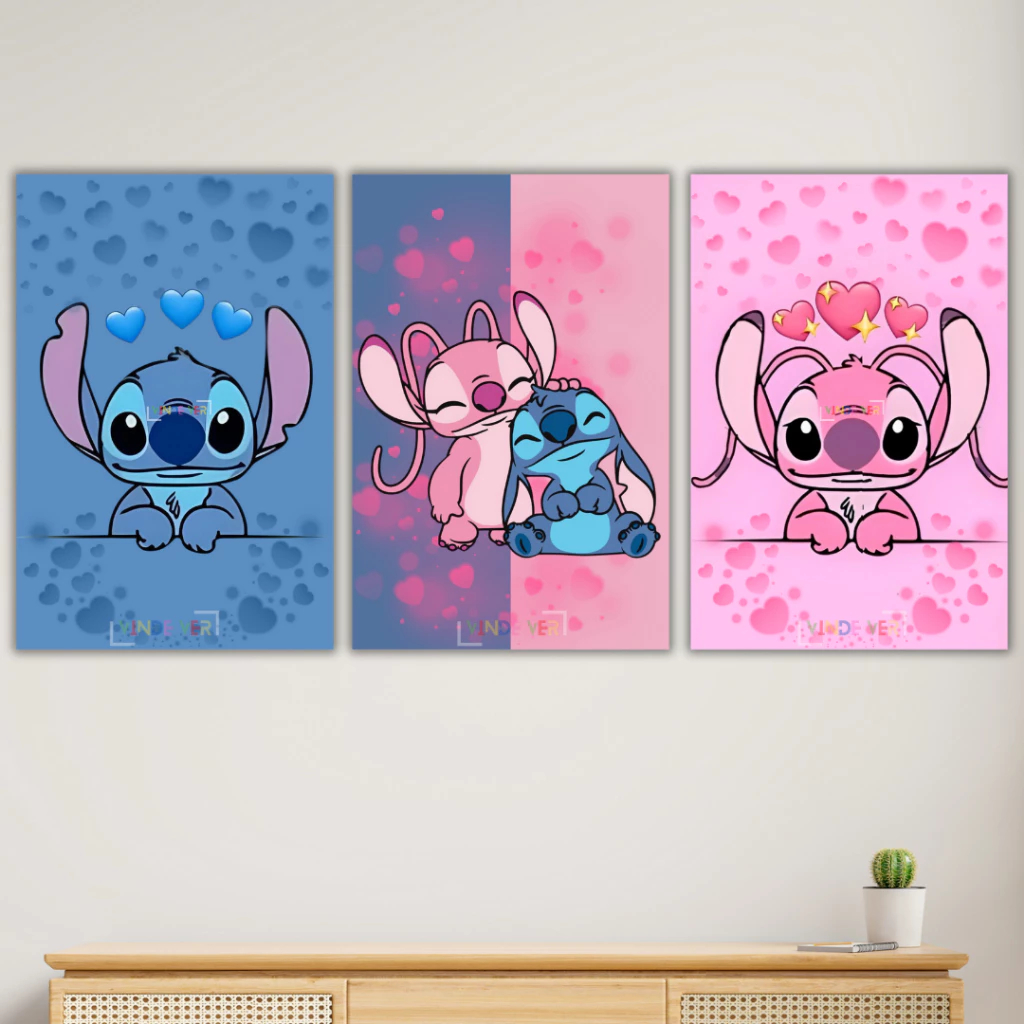 Quadro Decorativo Stitch Angel Lilo Desenho Animado Azul Personagens Fofinhos Infantil