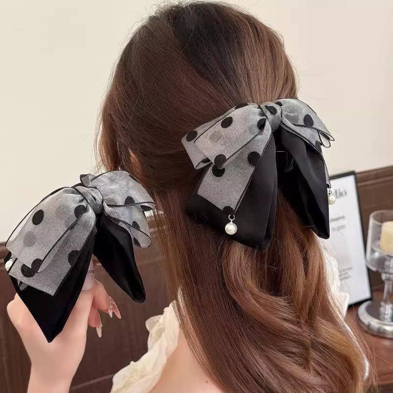 [lovego] Elegante Cinza Bolinhas Arco Hairpin Para Mulheres Meninas High-end Temperamento Rabo De Cavalo Garra De Cabelo