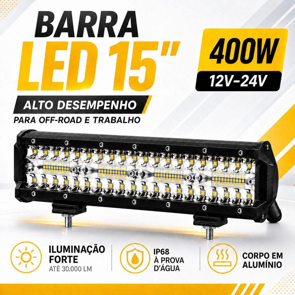 Barra LED 15 Pol 400W 12V 24V IP68 30000LM Farol Auxiliar Off Road Picape Caminhão