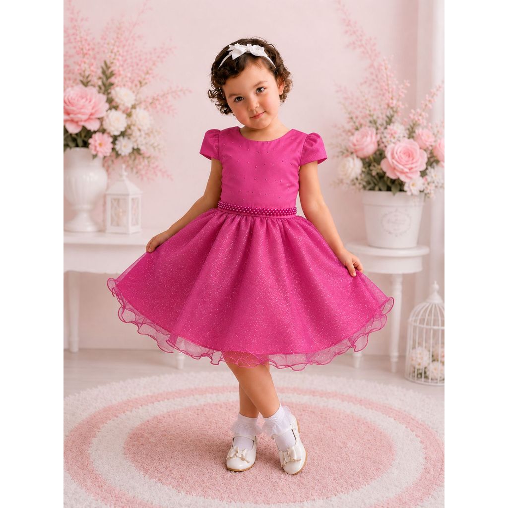 Vestido De Festa Infantil Estilo Princesa Voal Com Brilho Laço e Cinto de Pérolas - 1.2.3