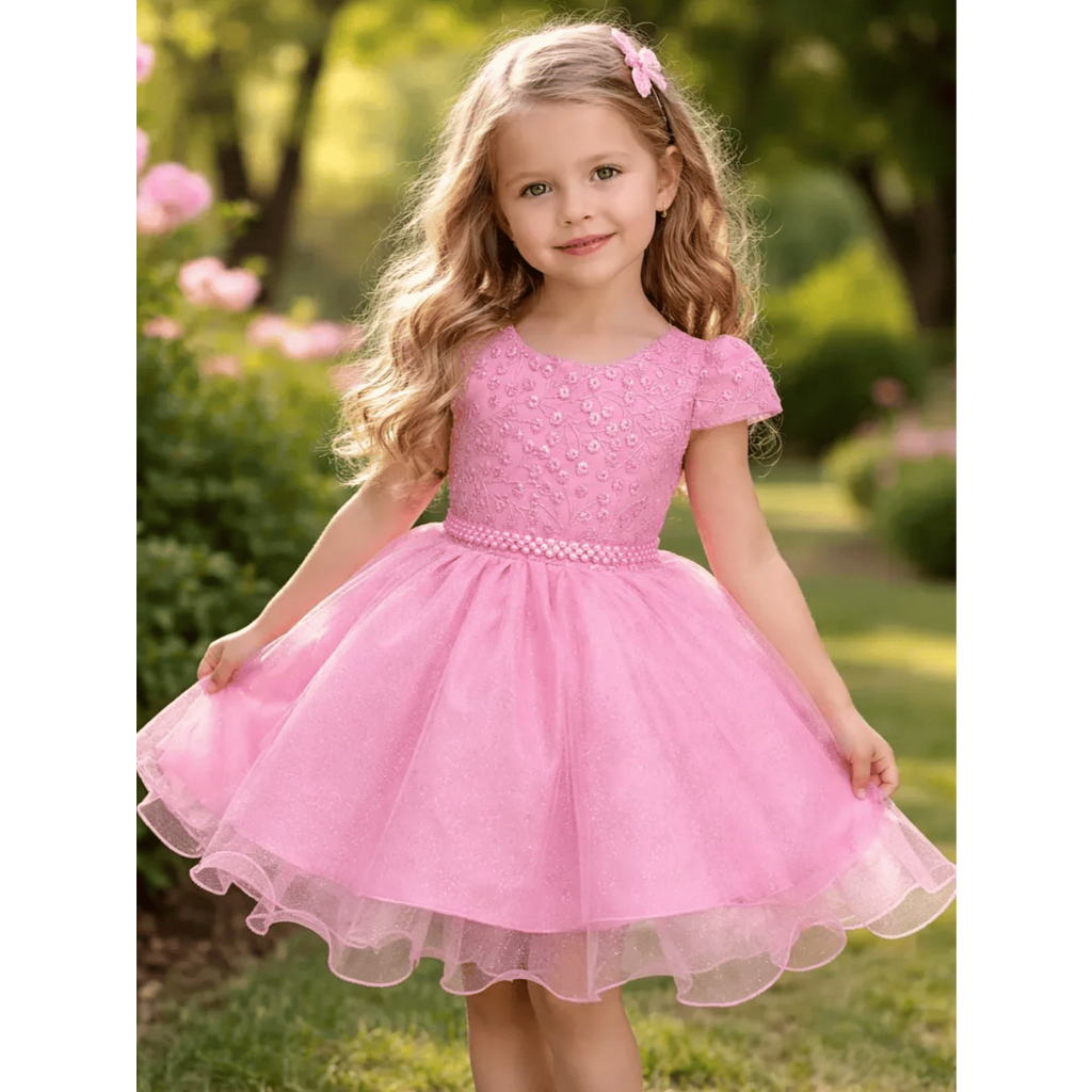 Vestido De Festa Infantil Renda Delicada Com Voal Glitter Rodado e Cinto de Pérolas - Várias Cores