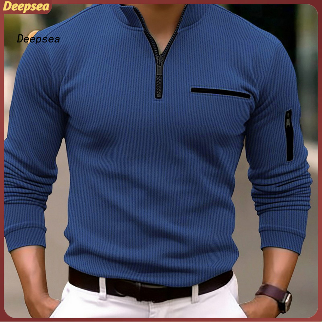 Men's Fall Spring Zippered Half-open Stand Collar Shirt Solid Color Stretchy Business Formal Office Meeting Top Stylish