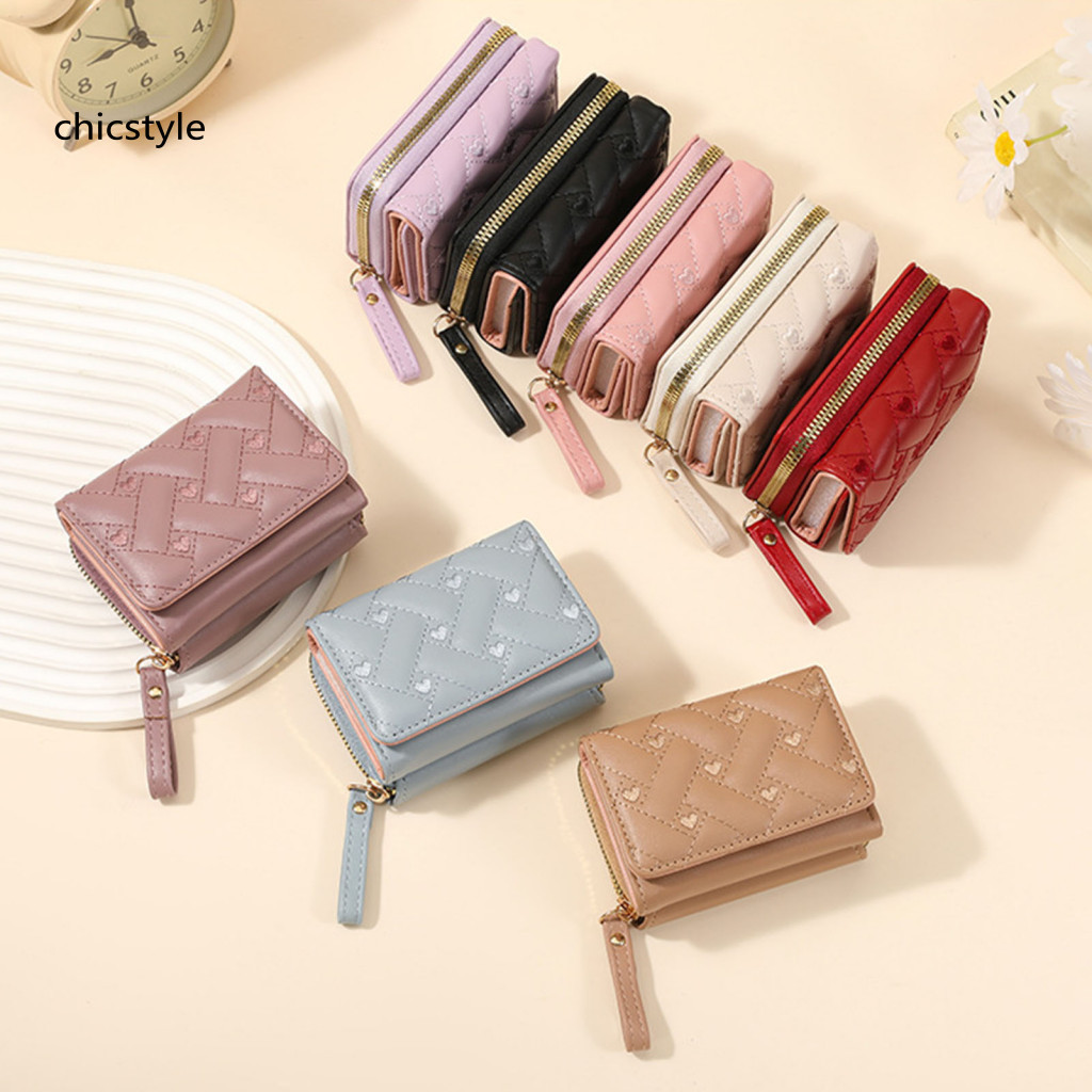 Compact Wallet Women Women’s Stylish Tri-fold with Embroidered Heart – Mini Card Holder Zippered Coin Pocket Cash Pu