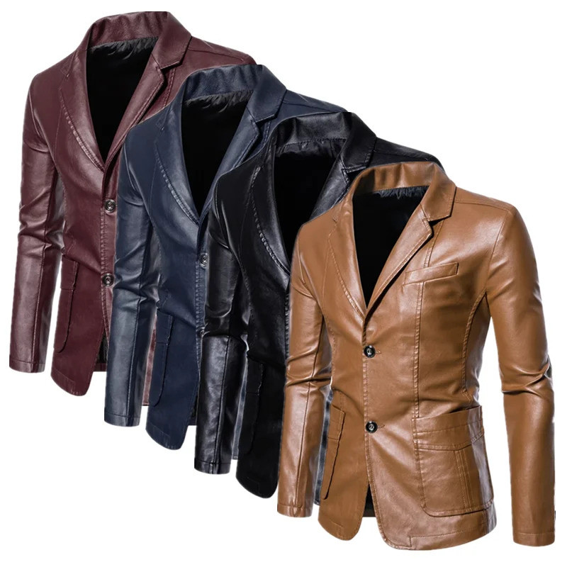 2024 Novos Homens De Negócios Casual Jaqueta De Couro Preto/Caqui Moda Masculina Terno Colarinho Casacos