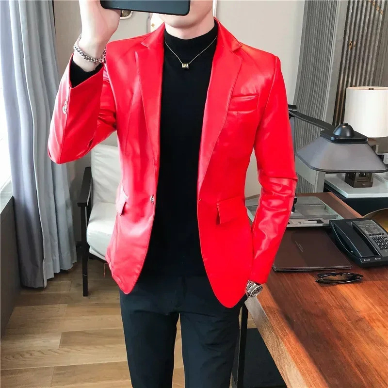 Moda Masculina Casual Preto Branco Terno Jaqueta De Couro/Homem Cor Sólida De Negócios Colarinho PU Blazers Vestido Casa