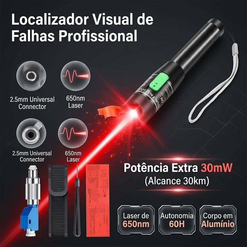Caneta Laser Localizador Visual De Falhas Fibra Óptica VFL 30mW 30km Testador De Cabo Alta Precisão Corpo Metálico