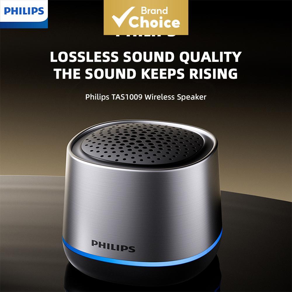 Mini alto-falante Philips TAS1009 com Bluetooth e graves potentes. Possui iluminação RGB, conexão USB, bateria de