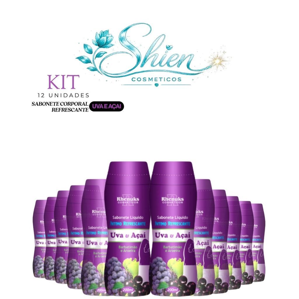 Kit 12 Unidades Sabonete Líquido Íntimo Refrescante Uva e Açaí 200Ml Rhenuks (Afilhado)