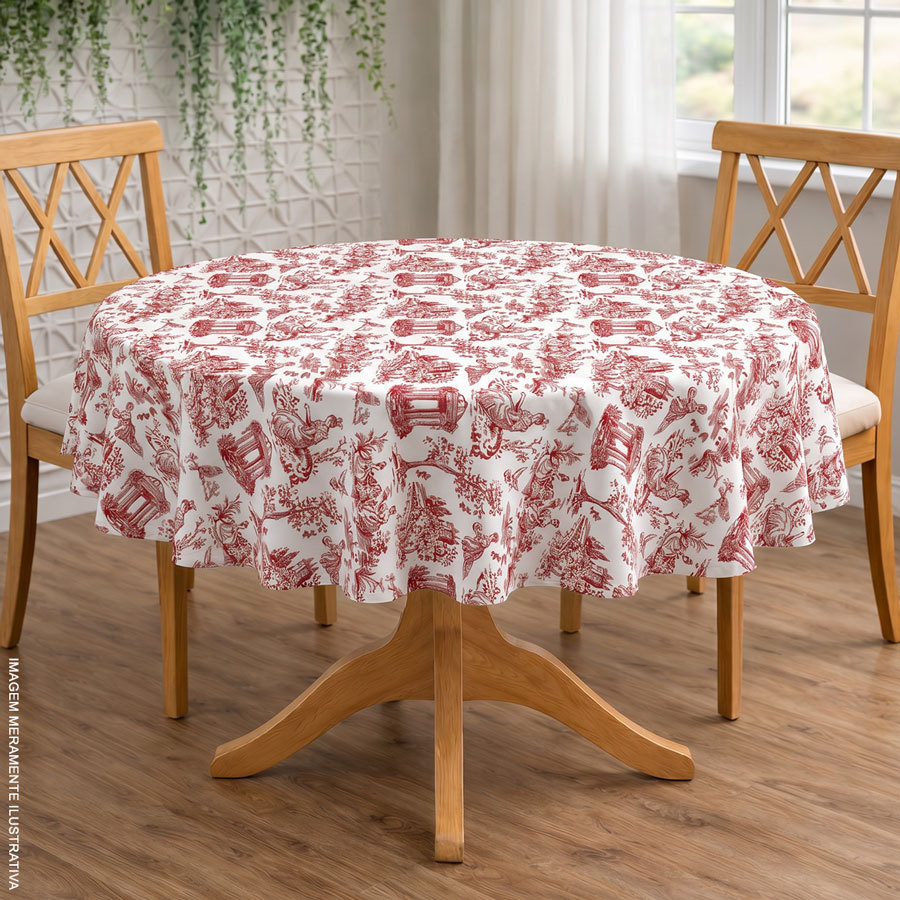 Toalha de Mesa Redonda Decorativa Tecido Oxford Cozinha Toile de Jouy Estampa Francesa 1,40x1,40