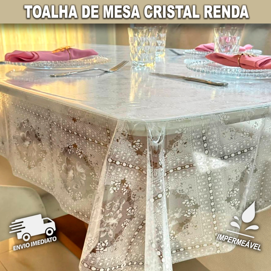 Toalha de Mesa Renda Estampada de Plástico Transparente Cristal Para 4 6 8 10 Lugares e Redonda
