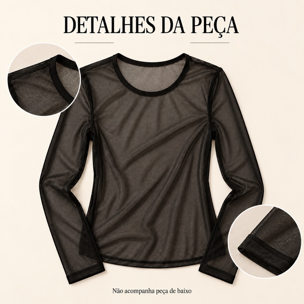 Blusa Feminina de Tule Transparente Manga Longa Gola Redonda Segunda Pele para Sobreposição Look Casual Festa