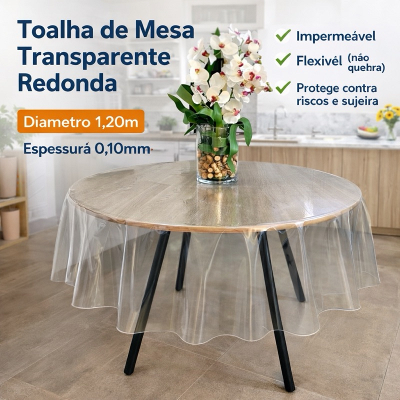 Toalha De Mesa Redonda Plástico Transparente 1,20m Diâmetro