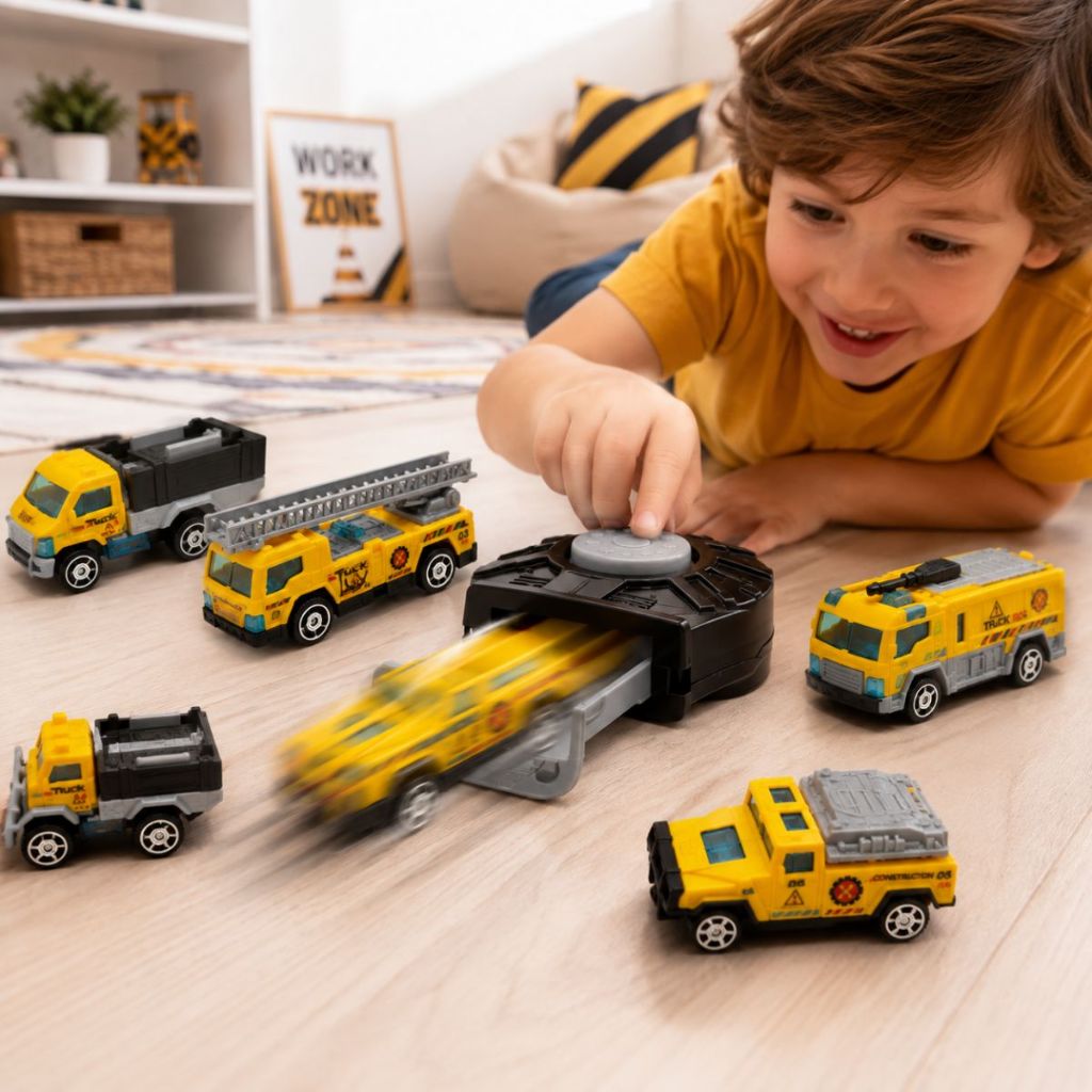 Brinquedo Infantil Kit 6 Mini Carrinhos com Lançador Manual Veículos para Corrida e Aventura