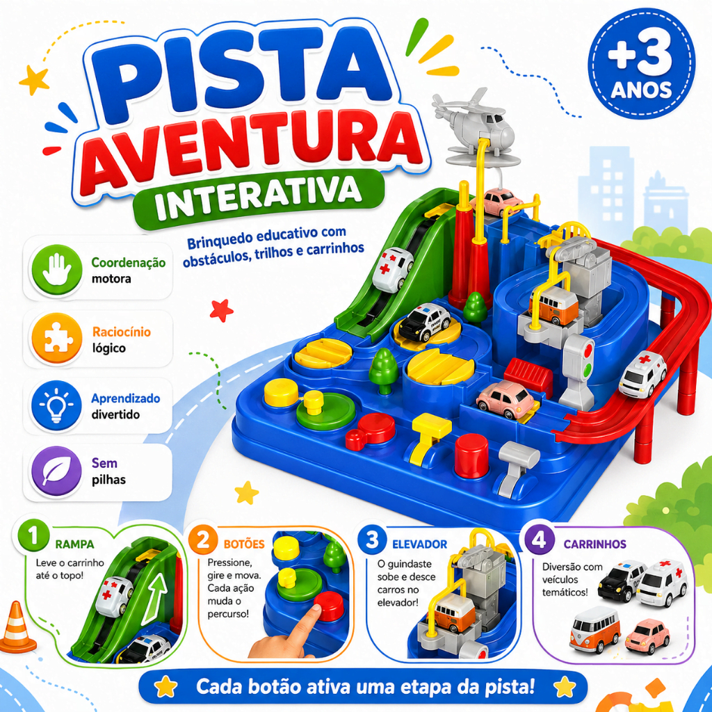 Pista de Carrinhos Infantil Interativa Montessori Mini Aventura com 4 Veículos Obstáculos Guindaste