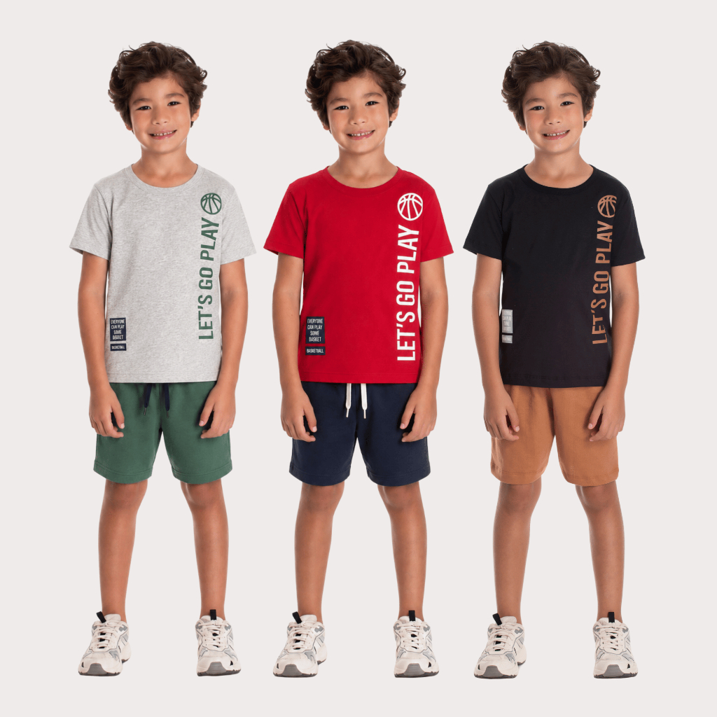 Conjunto Infantil Menino Camiseta Meia Malha e Bermuda Moletinho Basquete Let’s Go Play