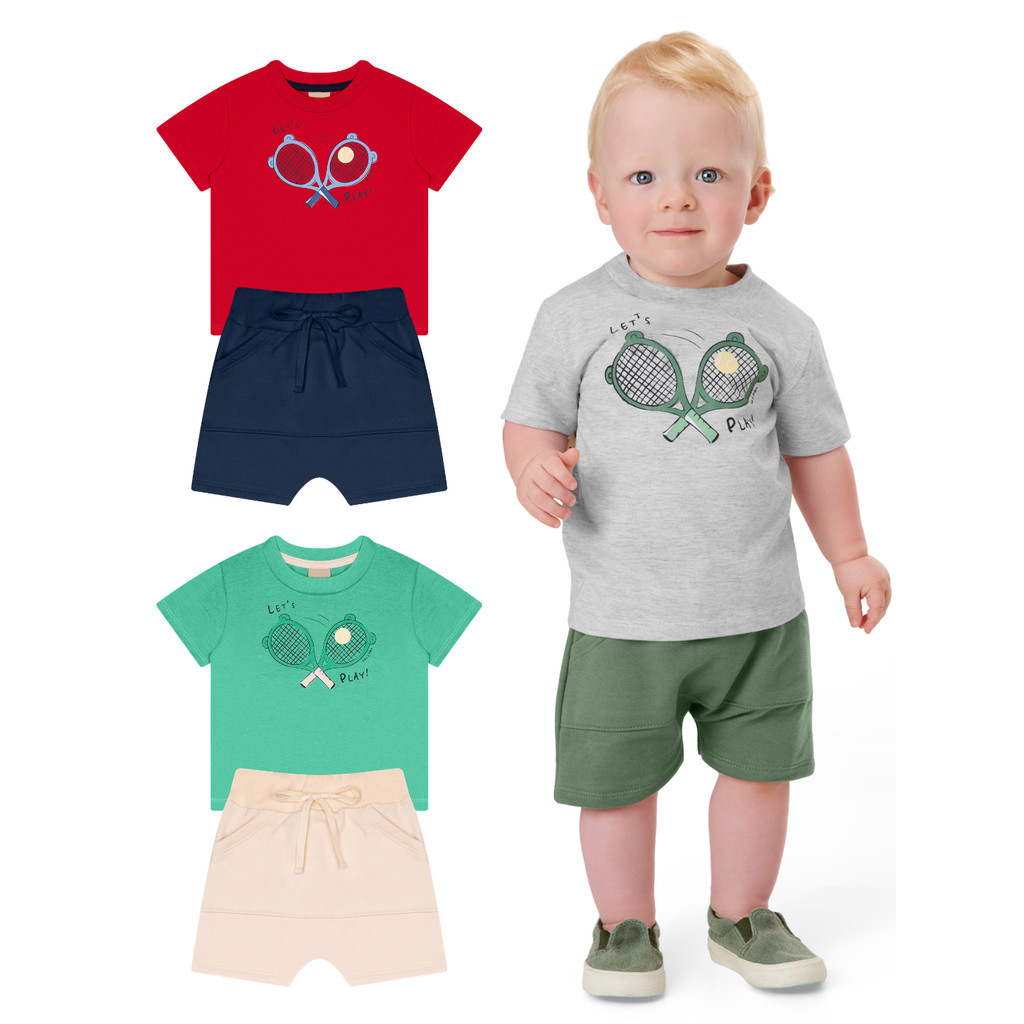 Conjunto Camiseta e Short Let's Play Bebe Menino Kiko e Kika