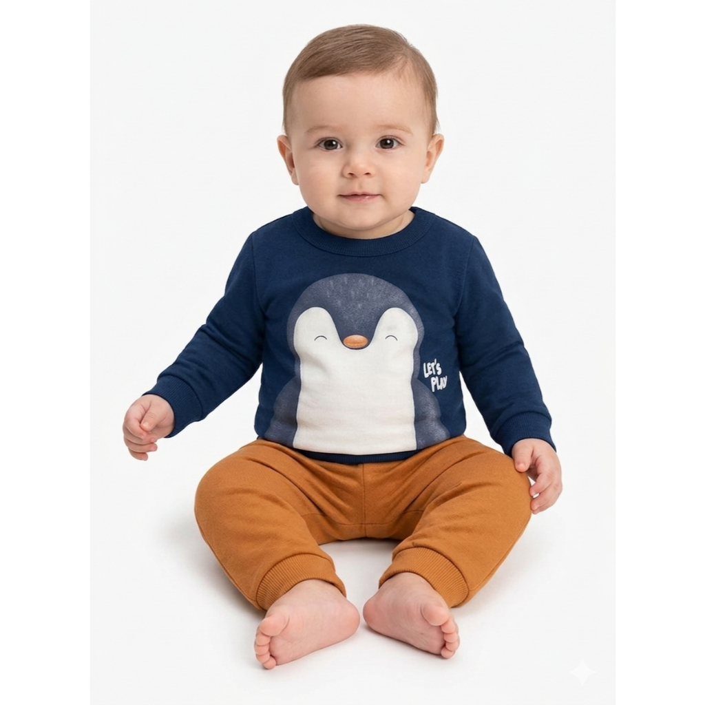 Conjunto Infantil Menino Moletom Brandili Pinguim Puff Let's Play Blusão + Calça