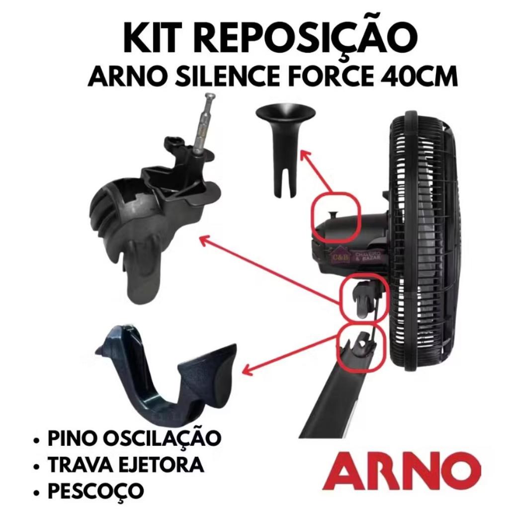 Kit Pescoço Articulador + Pino + Trava Ejetora Ventilador Arno 40 cm Silence Force Peças Originais