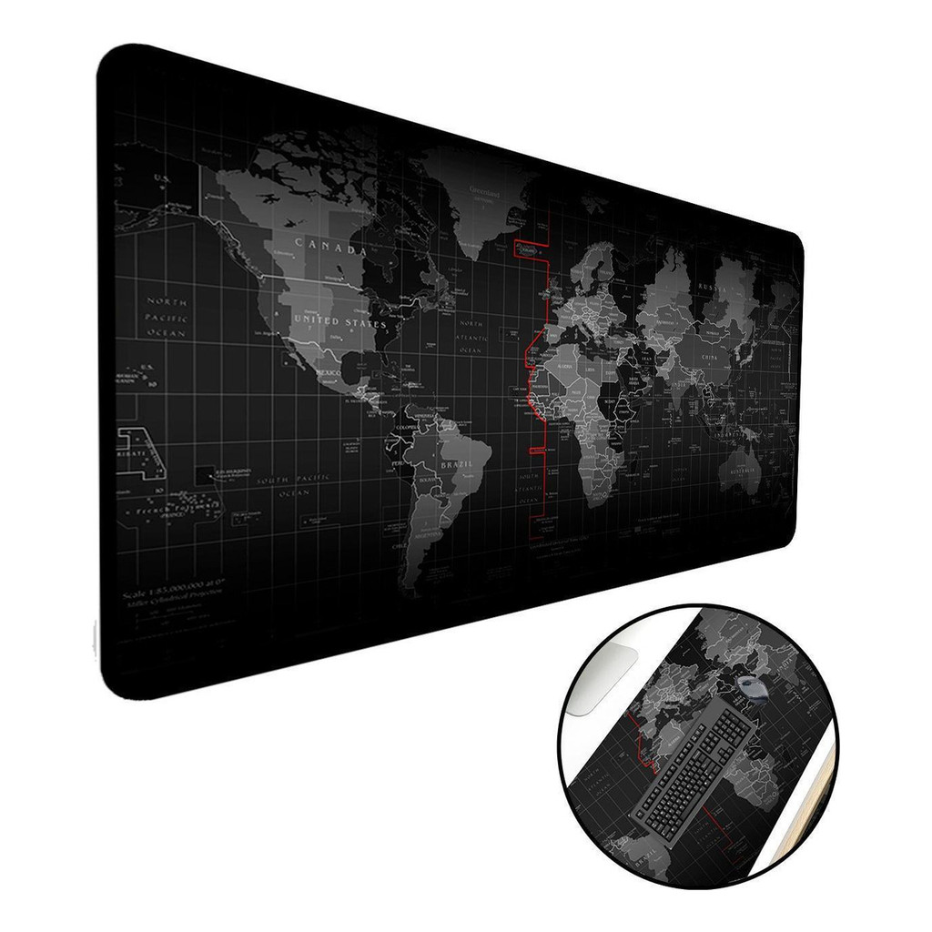 Mouse Pad Gamer Extra Grande 65x32cm Mapa Mundi Preto