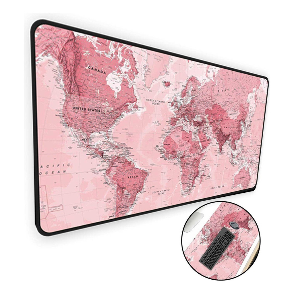 Mouse Pad Gamer Extra Grande 65x32cm Mapa Mundi Rosa