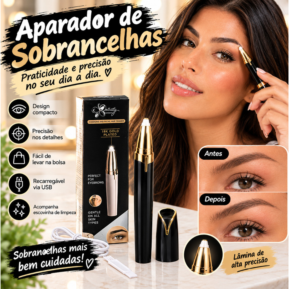 Aparador de Sobrancelhas Elétrico Feminino Portátil, Modelador de Sobrancelhas Preto com Cabo USB e Escovinha