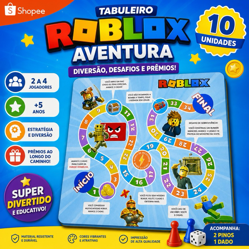TABULEIRO DE PINOS ROBLOX BRINDE FESTA/ 10 UNIDADES