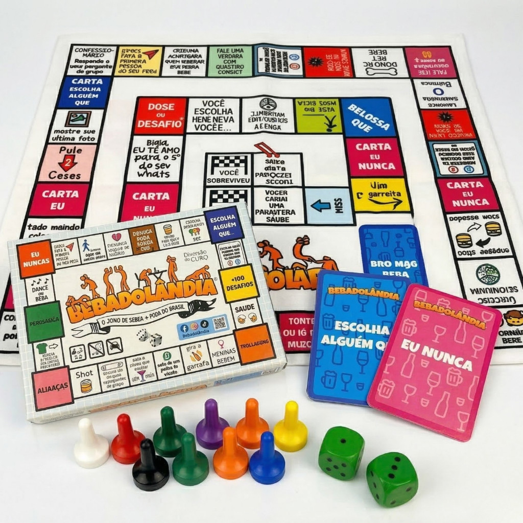 Jogo Bebadolândia Festa Tabuleiro Tecido 60 Cartas 8 Pinos 2 Dados Bebida Churrasco