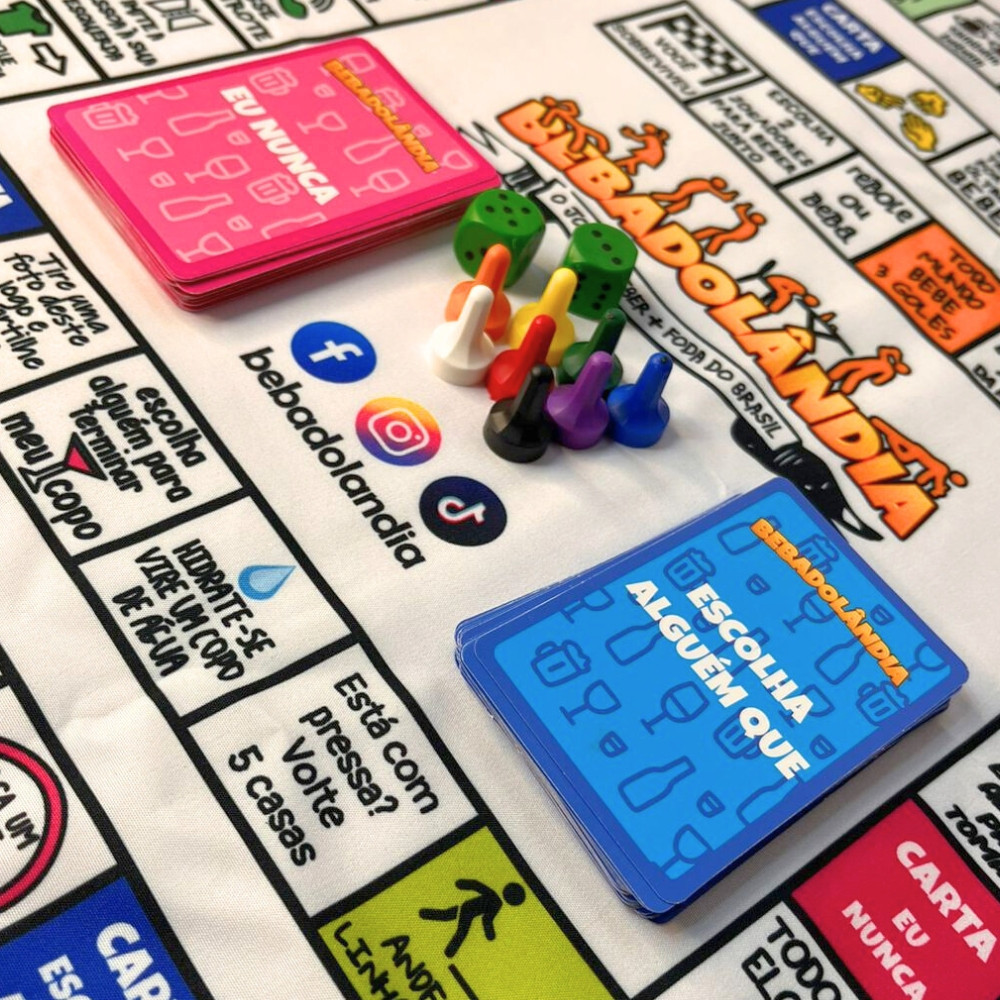 🍻 Jogo Bebadolândia – Jogo de Beber para Festa | Tabuleiro + 60 Cartas + Dados + 8 Pinos | Esquenta, Churrasco e After