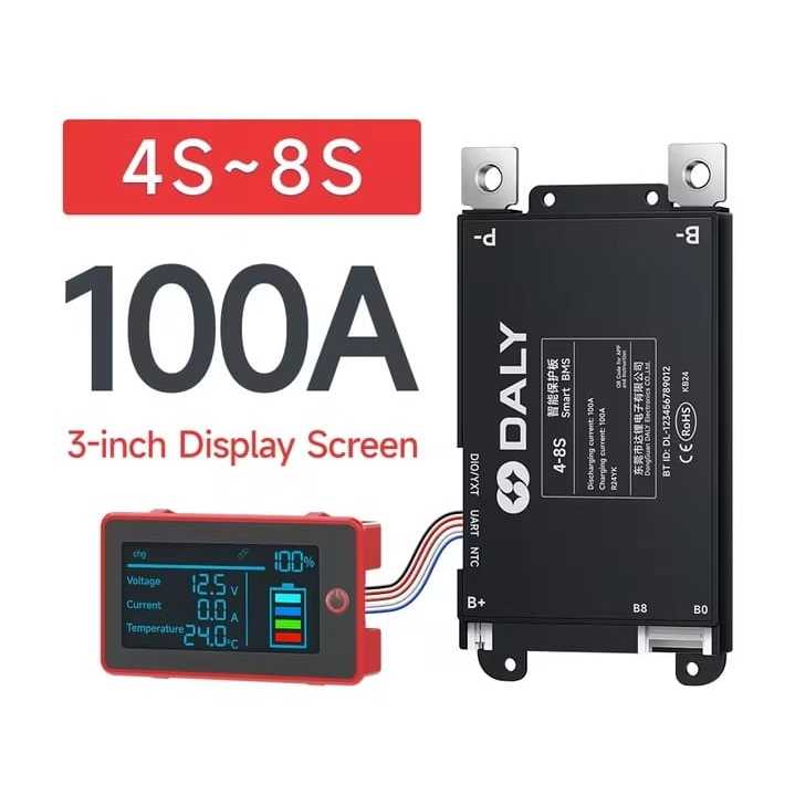 BMS Daly Smart + LCD 3.5 polegadas 4-8S 12/24V 100A Bluetooth embutido Lifepo4 Li-Ion LTO 2026
