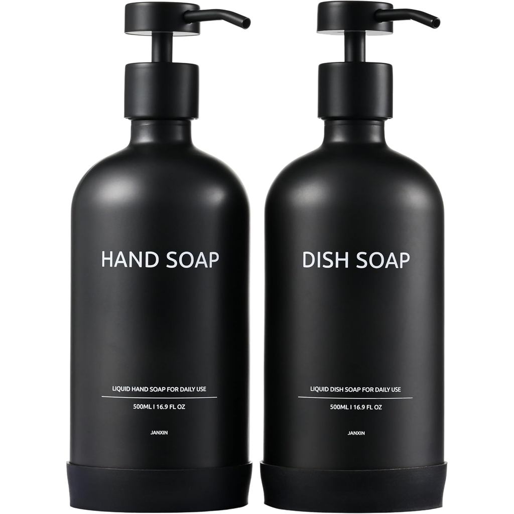 Kitchen Soap Dispenser Set with Non-Slip Protective Silicone Pad,Hand Soap Dispenser for Kitchen and Bathroom Decor, Bla