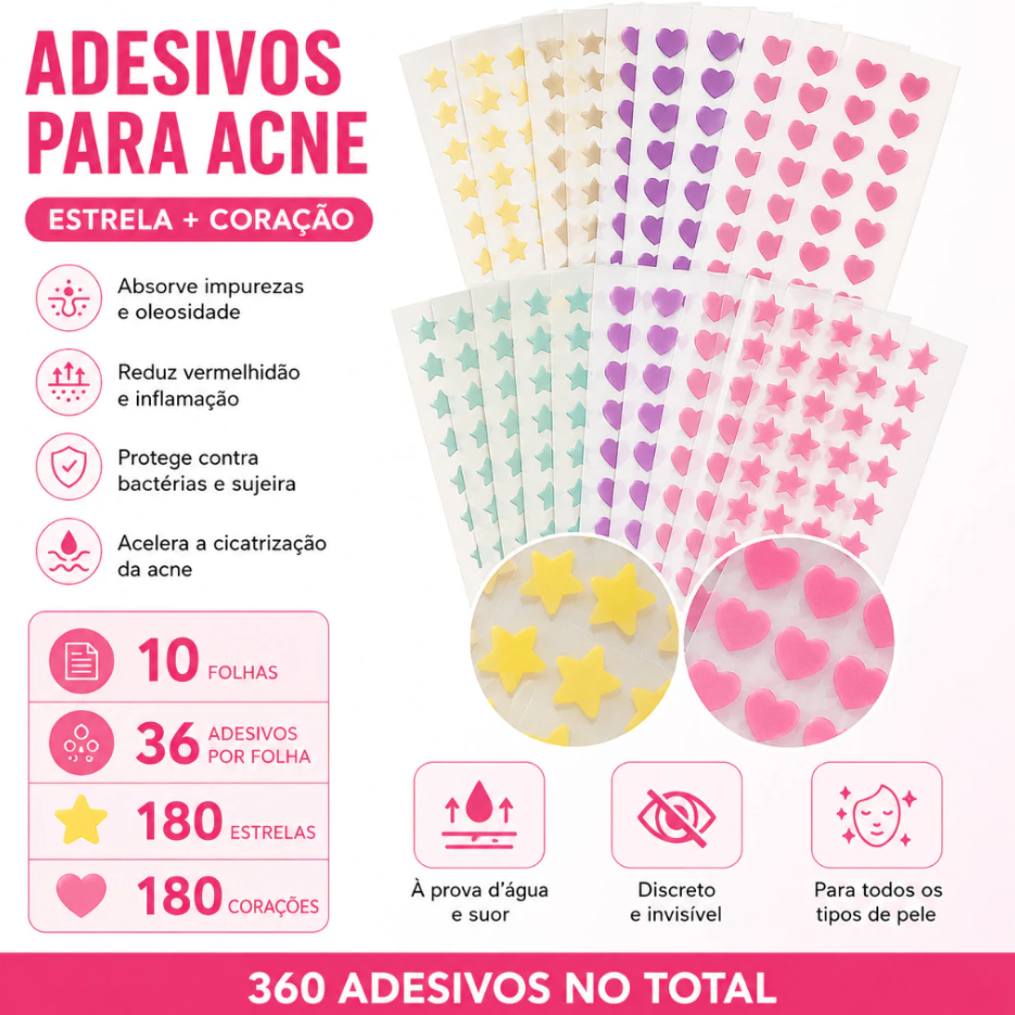 KIT 360 Adesivos Hidrocoloides para Acne com Base de Água, Estrela e Coração, Patch para Espinhas com Óleo de Melaleuca