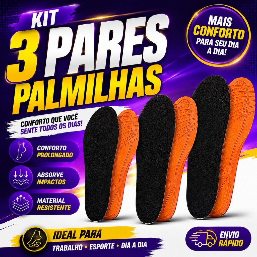 KIT 3 Pares Palmilha Slim 02 Confortável Leve Macia Para Tênis e Sapatos