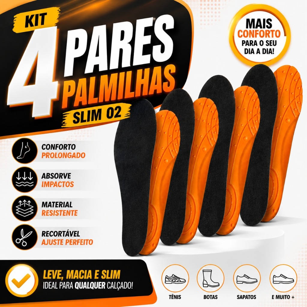 Kit 4 Pares Palmilha Slim 02 Confortável Macia Leve Recortável Para Tênis e Sapatos