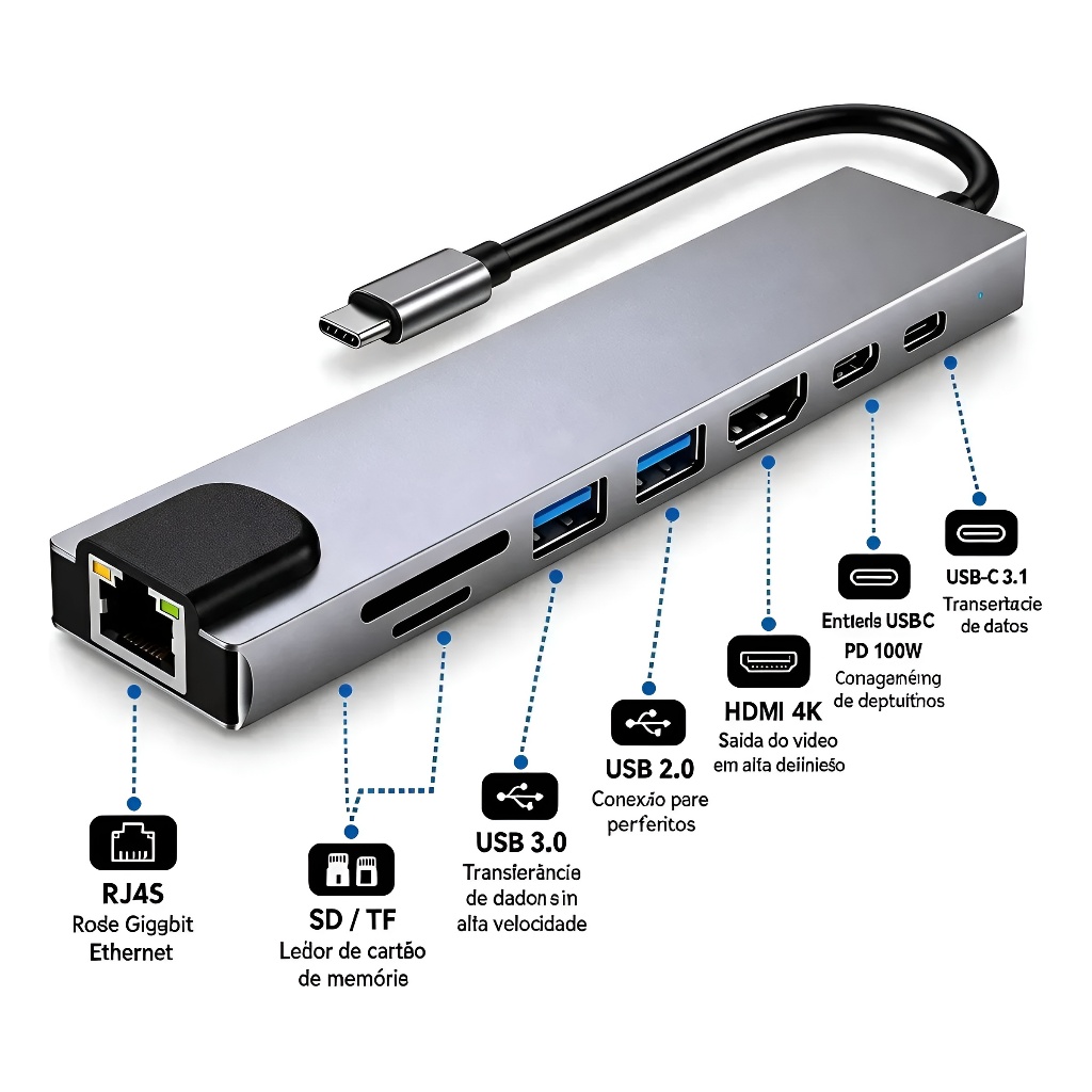 Hub Adaptador 8 Em 1 Para Usb-c  Hdmi 4k 100w Power Delivery Cinza