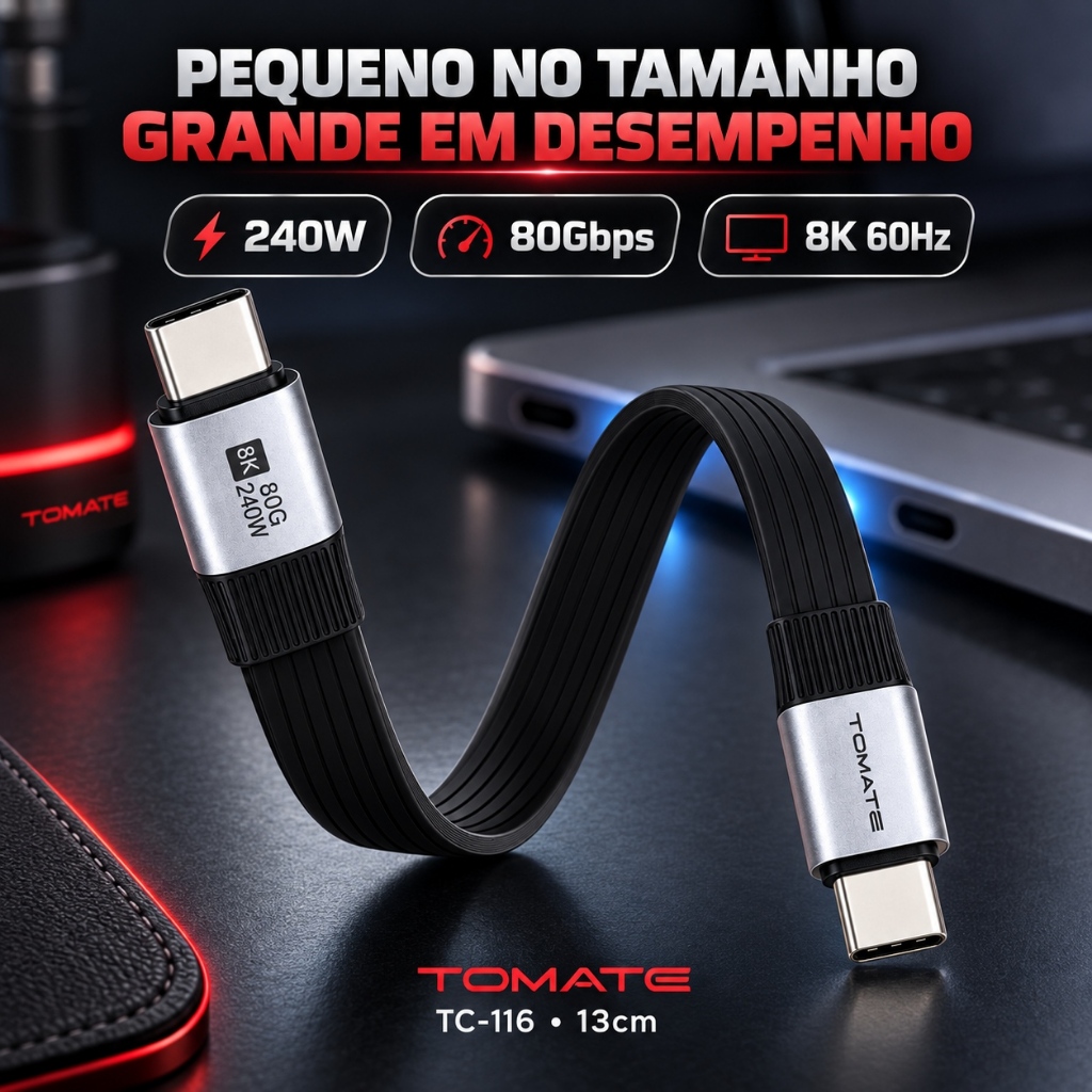 Cabo USB-C Tomate TC-116 240W Carga Rápida 80Gbps Dados 8K 60Hz 13cm para Notebook SSD Hub Power Bank