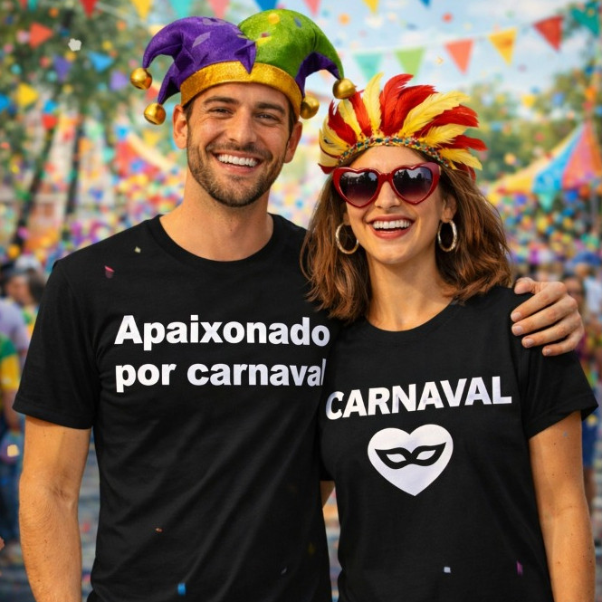 Kit Camiseta Casal Carnaval Estampa Divertida Conforto e Qualidade Envio Imediato Oferta Imperdível