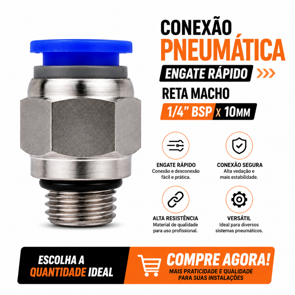 Conector Pneumático Reto Macho 1/4 x 10mm Engate Rápido BSP