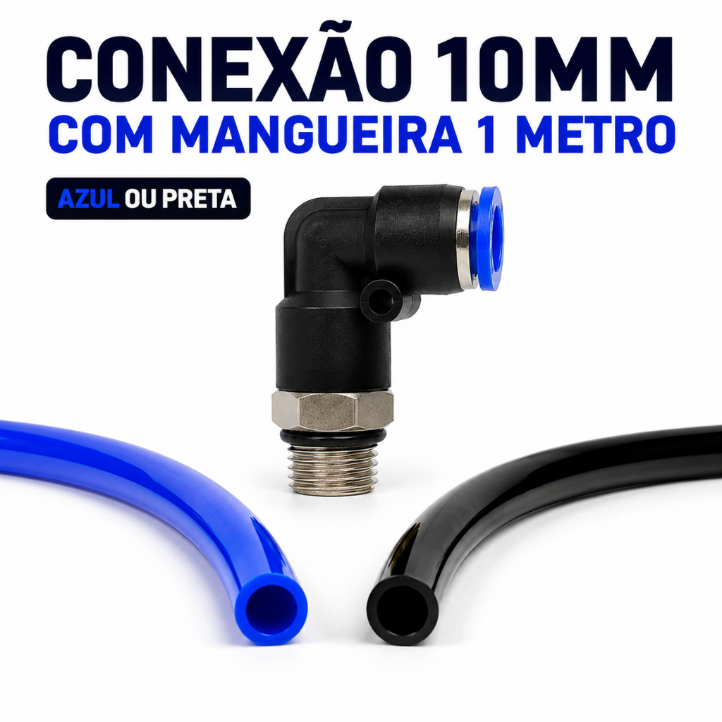 Conexão Suspiro Joelho Pneumática 10mm Mangueira Combustivel 1 Metro Azul Preta Engate Rápido Rosca-