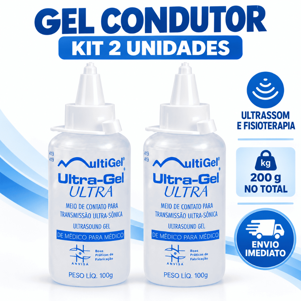 Gel Condutor Ultrassom Incolor Multigel Ultra Kit 2 Frascos 100g Fisioterapia Doppler ECG TENS FES Clínico