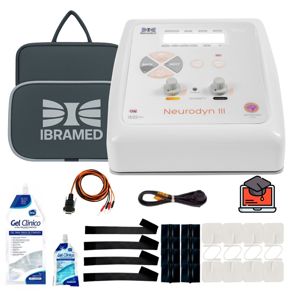 Neurodyn III + FAIXAS + Eletrodos e Gel - Ibramed TENS FES Fisioterapia Eletroestimulador