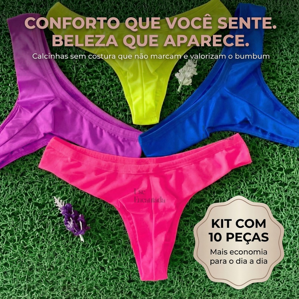 Kit 10 Calcinhas Fio Dental Duplo Confort – Empina Bumbum, Tecido Respirável e Ajuste Anatômico