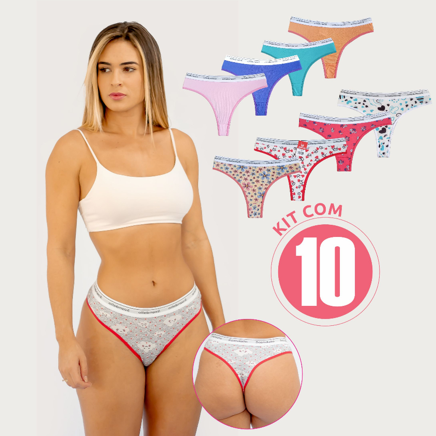 Kit 10 Calcinhas Microfibra Confort Tanga Fio dental Cós Exposto Lisa / Estampada