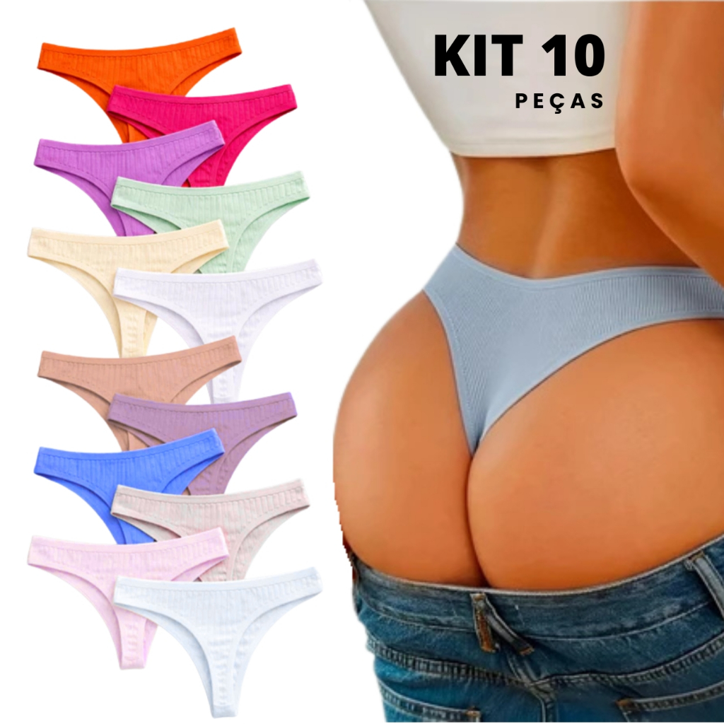 Kit até 10 Calcinhas Fio Dental Canelado Confort Feminina Sara Empina Bumbum