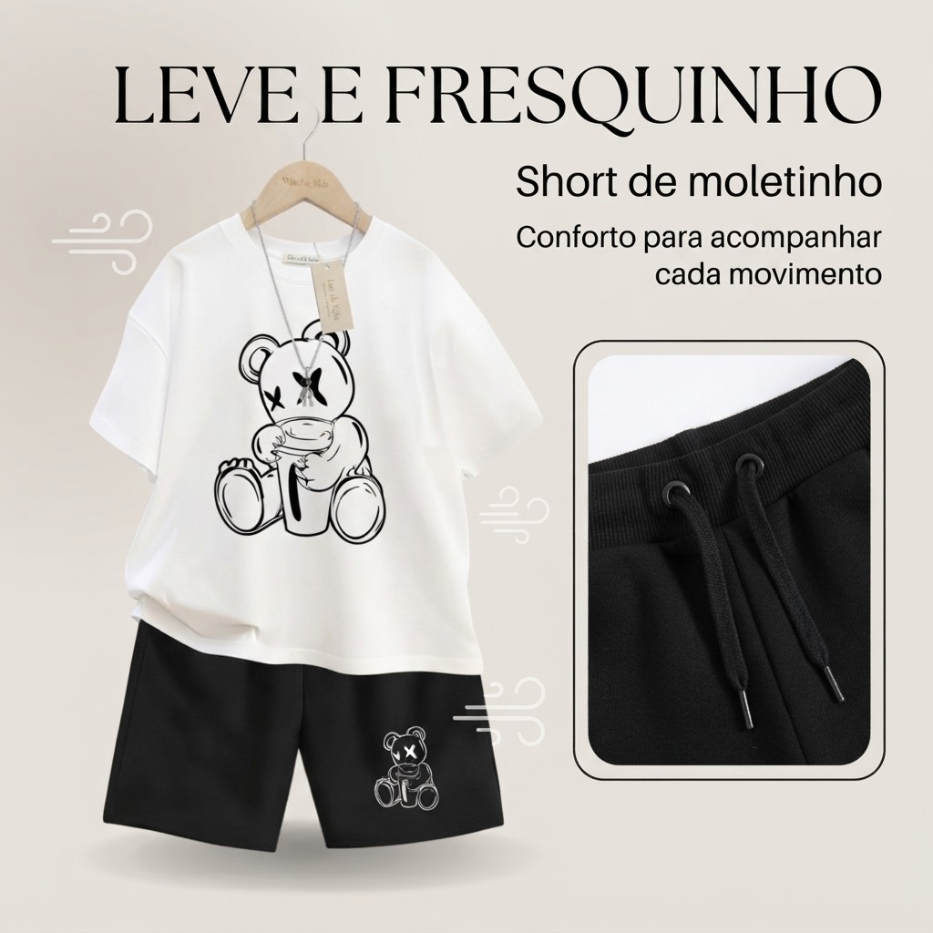 Conjunto Masculino Infantil Estampa Urso Copo de Café 382 Moda Passeio Menino Escola Creche Look