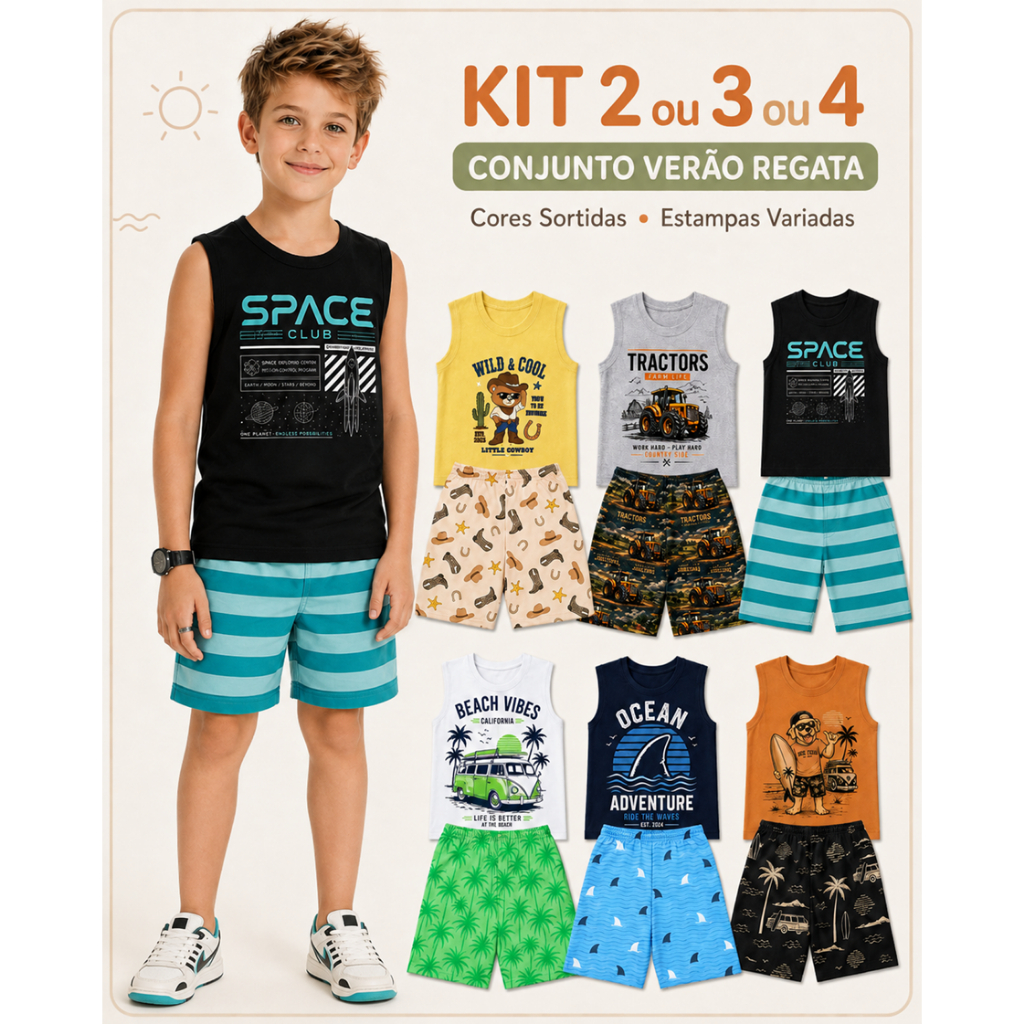 Kit Conjuntos Regata Menino Verão Infantil Regatas Roupa Masculino Tam 1 a 14 Escola Passeio Calor